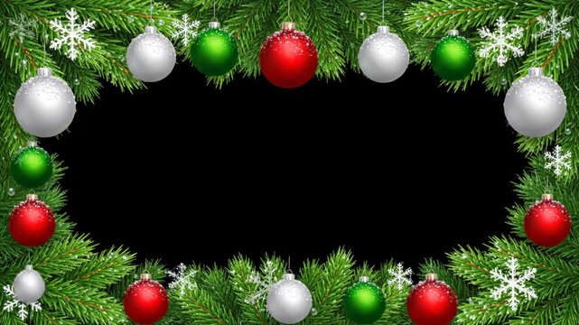 Festive christmas fir tree branches forming a border with snowflakes and a red bauble, creating a winter holiday frame on a black background
