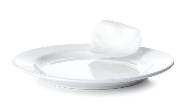 A simple studio shot displays a white plate with a white, fluffy, cloud-like object hovering over it. It appears illuminated against a white background