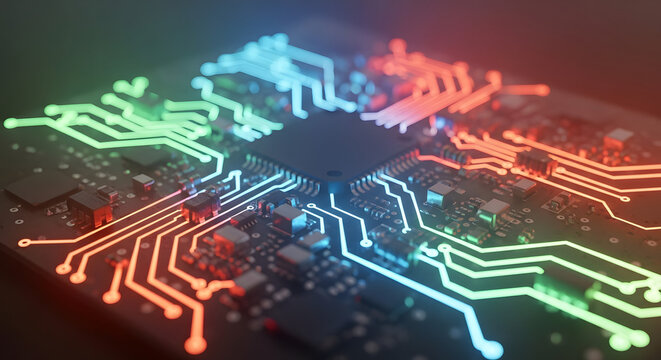 Glowing circuit board with a central processor illuminated in neon colors.