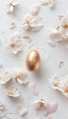 Fototapeta premium Minimalist Easter Flat-Lay with Golden Egg and Floral Petals on White Background