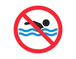 A red-circled sign depicting a swimmer in blue waves with a diagonal red line through it, indicating swimming is forbidden