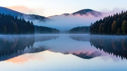 Serene Lake Reflection at Dawn - A Tranquil Mountain Landscape.