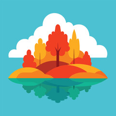 An illustration of an autumn landscape with trees and clouds in the sky