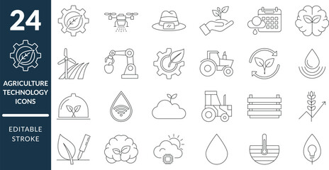 Sustainable Agriculture Technology Icons. Editable Stroke, Smart Farm Equipment, Eco Growth Concepts, Automated Agriculture, Renewable Energy, and Green Farming Line Design