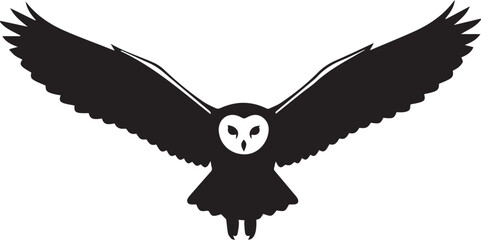 Silhouette of a barn owl in flight with wings spread wide displaying its distinctive facial features