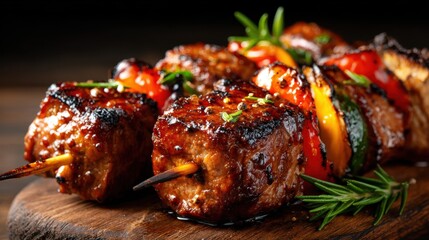 This delicious image features perfectly grilled barbecue skewers with juicy meat and colorful vegetables, tantalizing the senses and inviting the viewer to indulge in delightful flavors.