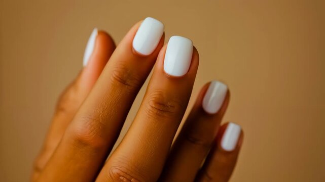 A woman's hand with white nails is shown. Concept of elegance and sophistication, as the woman's nails are neatly painted and well-maintained. The white color of the nails adds a touch of simplicity