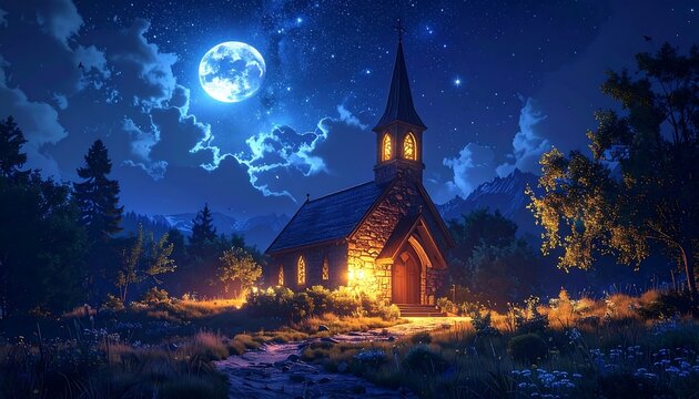 A solitary stone chapel glows warmly under a brilliant moonlit sky. Tall trees frame the structure, while a path winds through the foreground. Mountains form the backdrop