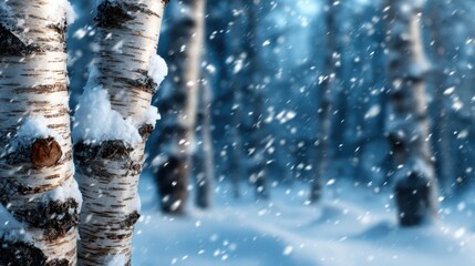 A serene scene of snow-covered birch trees standing tall in a tranquil winter forest, capturing the essence of a peaceful and quiet snowy landscape.