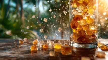 A close-up view of a transparent glass filled with shimmering, golden-brown sugar crystals, surrounded by splashes of water that capture the essence of sweetness and refreshment.
