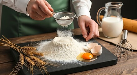 Sifting Flour: Baking Preparation with Egg, Wheat, Milk, and Utensils
