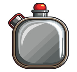 Obraz premium A detailed cartoon illustration of a shiny, metallic water canteen with a red cap, perfect for outdoor adventures and survival scenarios, ready to quench thirst on hiking trails