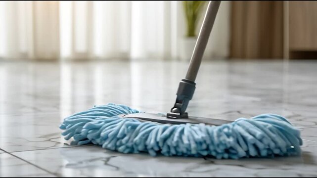 A close-up view of a blue mop resting on a clean, shiny floor, emphasizing cleanliness and home maintenance.