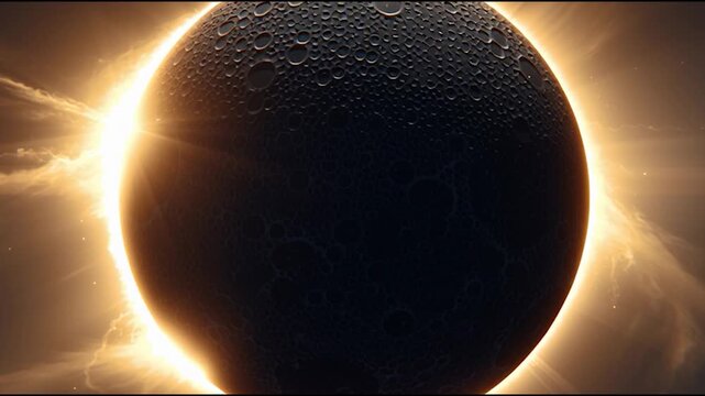 A stunning solar eclipse featuring a darkened sun surrounded by a radiant corona against a dark sky.