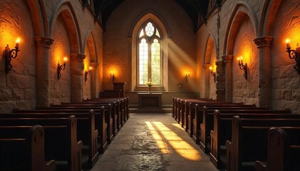 Obraz premium Rustic Church Interior Illuminated by Warm Candlelight, Casting Gentle Shadows on Aged Stone Walls and Wooden Pews, Evoking Peace and Spiritual Reflection