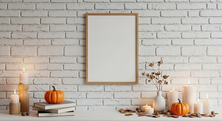 Autumn Mockup with Frame, Pumpkin, Candles, and White Brick Wall