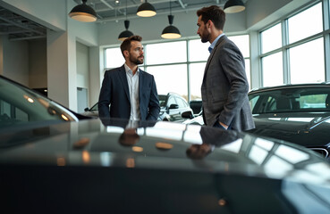Car dealer consults male client in modern auto showroom. Salesperson helps pensive customer choose new vehicle. Two men talk about buying luxury automobile at dealership. Buyer thinks about expensive