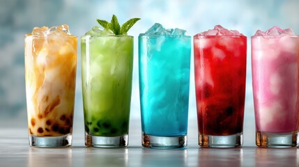 A vibrant display of refreshing beverages showcases a variety of colors and flavors, perfect for a summer party or a cheerful gathering with loved ones.