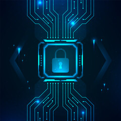 Futuristic cybersecurity and data protection background with glowing blue circuit lines and lock icon symbolizing digital privacy, encryption, and secure information systems. Perfect for AI, blockchai