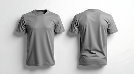 Two plain grey t shirts displayed from front and back views against a clean white background with subtle shadows