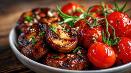 A vibrant mix of grilled mushrooms and fresh cherry tomatoes garnished with herbs creates a perfect dish for food lovers, showcasing textures and colors beautifully.