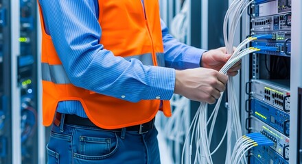 Technician Inspecting Network Cables in Data Center for Troubleshooting and Maintenance