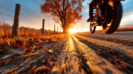 A dynamic shot of a biker riding on a gravel path, backlit by a warm sunset glow, capturing the thrill of adventure and the freedom of exploring nature on two wheels.