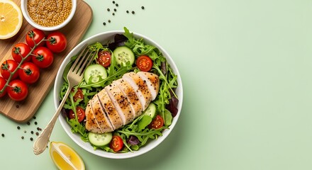 Healthy Chicken Salad Bowl with Fresh Vegetables and Lemon