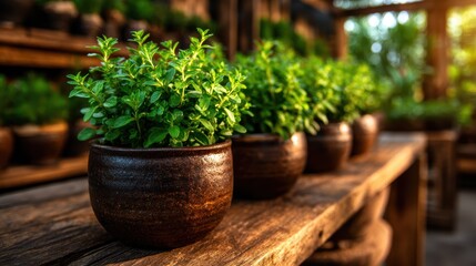 Fototapeta premium Neatly arranged pots of fresh oregano placed on a rustic wooden table, showcasing vibrant green herbs, perfect for enhancing culinary dishes with aromatic flavor.