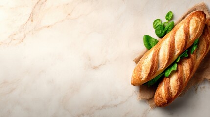 An artistic arrangement of two freshly baked baguettes resting on a marble surface, showcasing their golden crust and inviting texture that appeals to the senses.
