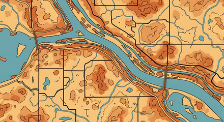 Obraz premium An illustrative top-down aerial view of a sprawling urban city center surrounded by a patchwork of rural agricultural farmland