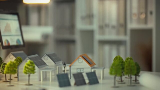 Several model houses with solar panels and miniature trees are neatly arranged on a desk. The setting is a modern workspace, suggesting a focus on sustainable architecture and design innovation