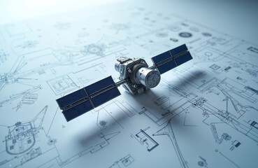 Small satellite model on technical blueprint. Satellite with solar panels on engineering drawing. Spacecraft design and technical diagrams in background.