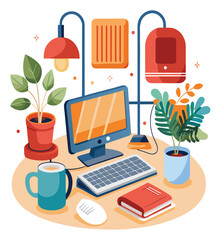 Cozy Workspace Illustration Desk with Computer, Plants, and Coffee for a Productive and Comfortable Home Office