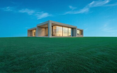 Obraz premium Modern Suburban House Exterior with Clean Lawn and Blue Sky, Symbolizing Property Investment and Housing Market Stability