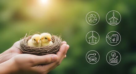 Nurturing Sustainability: Chicks, Nest, Hands, and Eco Icons
