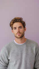 Obraz premium Thoughtful Man in Grey Sweater Against Lavender Background