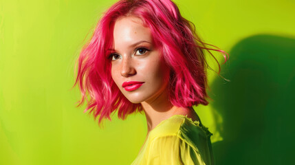 Vibrant Portrait of Young Woman with Pink Hair on Green Background