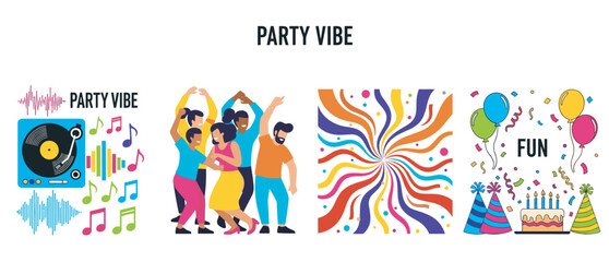 Fototapeta premium Colorful party-themed collage with diverse group of dancing people, vibrant abstract patterns, musical icons, and festive decorations.