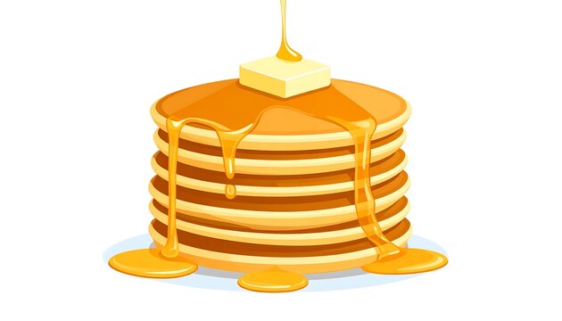 A stack of freshly made golden-brown pancakes topped with a pat of butter and drizzled with sweet syrup