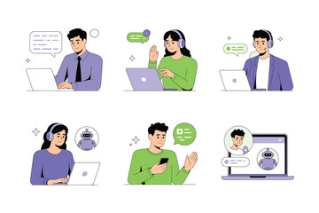 Vector art of illustrations of customer service representatives providing online support, engaging with customers through chat, video calls, and ai chatbots, showcasing digital communication