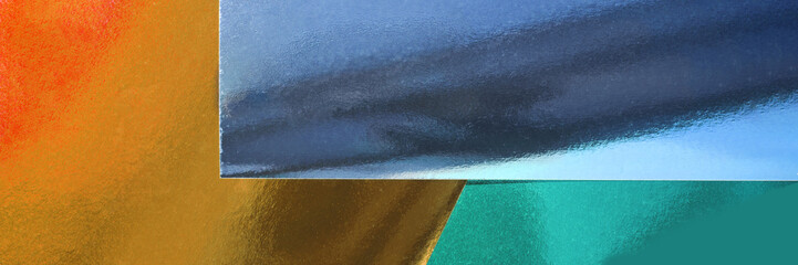 Abstract colorful overlapping metallic surfaces with textured orange, gold, blue, and teal panels.