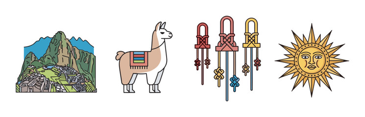 Obraz premium Illustrated icons featuring machu picchu, a colorful llama, traditional peruvian sling shots, and a radiant sun with a human face.