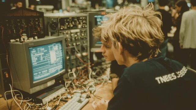 Students debugging vintage computer systems at electronics lab