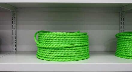 Bright green rope coils on white shelving ready for use or storage