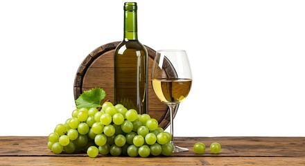 Obraz premium Green grapes, wine barrel, bottle, and glass on wooden table cutout.