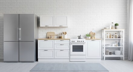 Bright White Kitchen Interior with Modern Appliances and Decor
