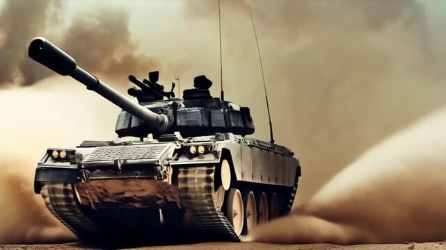 A tank moves across the desert, kicking up clouds of dust. Military equipment in action, relevant for news stories about conflicts, war documentaries, and analytical articles on security.
