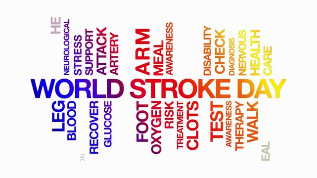 World stroke day concept Animated Tag Word Cloud kinetic typography, Text Design Animation typography seamless loop video motion graphics Intro,  Word Art blue red orange yellow gradient bg background