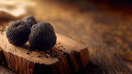 Gourmet Culinary Delight Fresh Black Truffles on Rustic Wooden Board Food Photography Warm Environment Artistic Viewpoint
